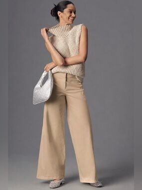 Anthropologie Maeve Tan Cotton Blend Scalloped Side‎ Wide-Leg Pants Sz. 29